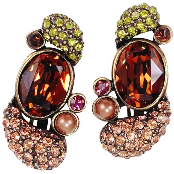 Signed Heidi Daus Swarovski Crystal Clip-On Earrings Topaz Cluster Rhinestones - Picture 1 of 13